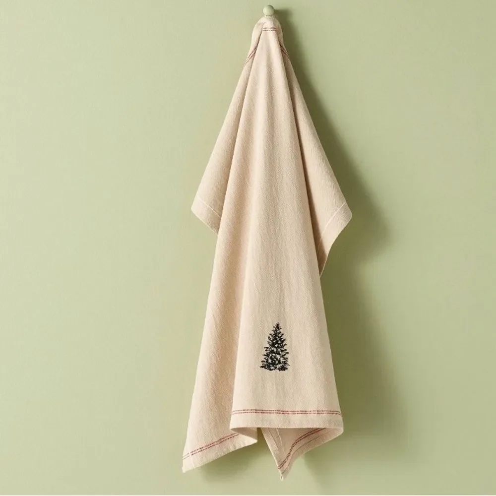 Hearth & Hand Embroidered Tree Design with Red stitched edging Kitchen Towel